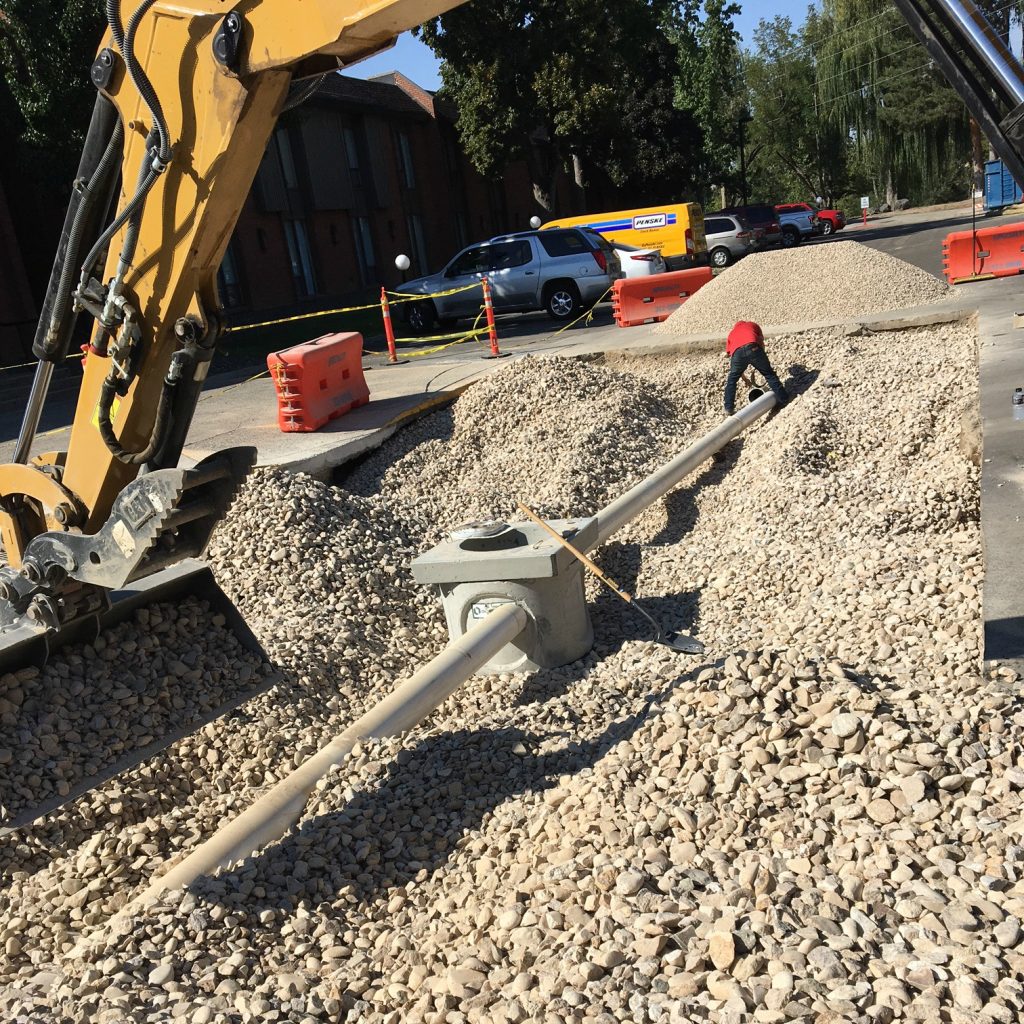 Storm drain and gravel base work for a parking lot